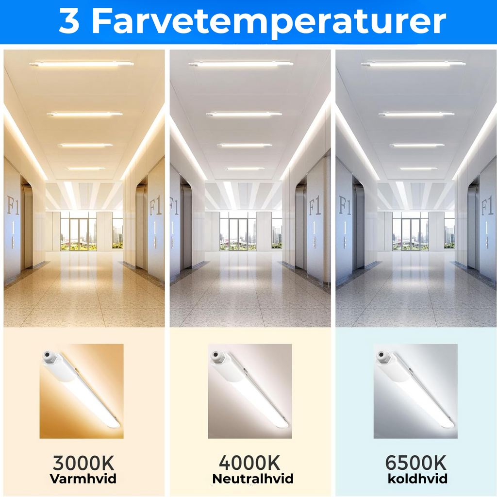 Vandtæt LED Lysrør 60 cm – 3 Farvetemperaturer – Garage, Bad & Værksted