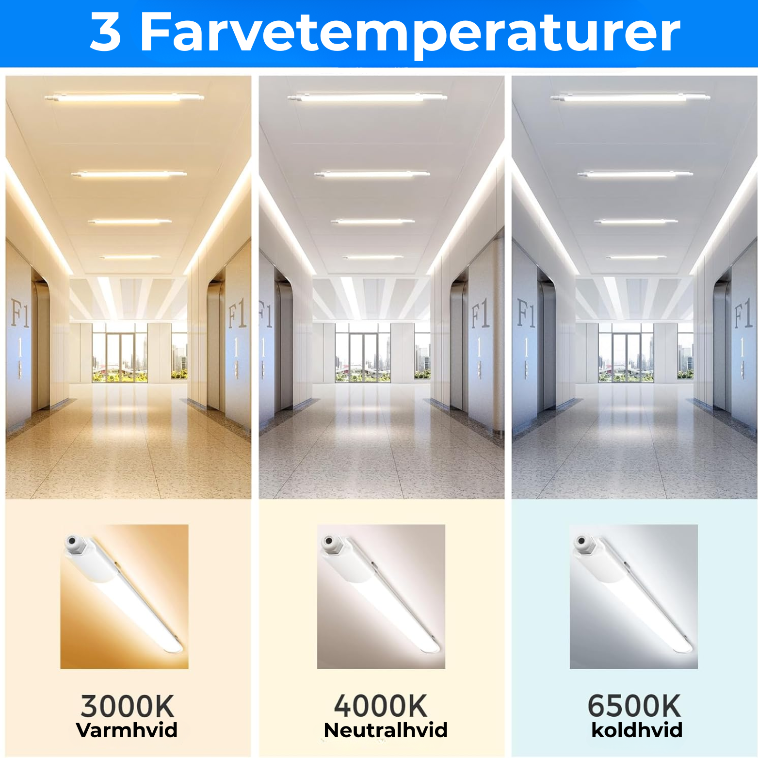 Vandtæt LED Lysrør 60 cm – 3 Farvetemperaturer – Garage, Bad & Værksted