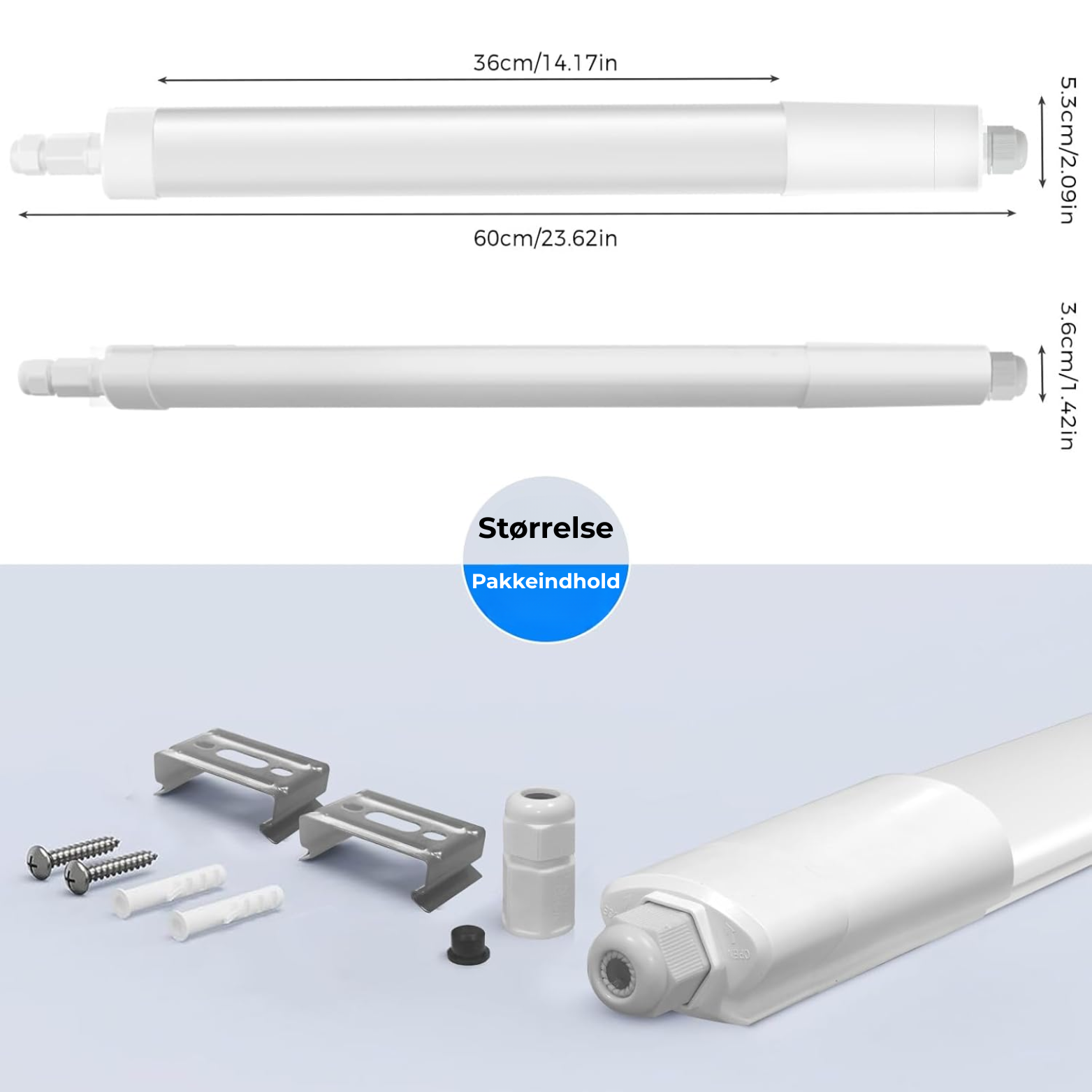 Vandtæt LED Lysrør 60 cm – 3 Farvetemperaturer – Garage, Bad & Værksted
