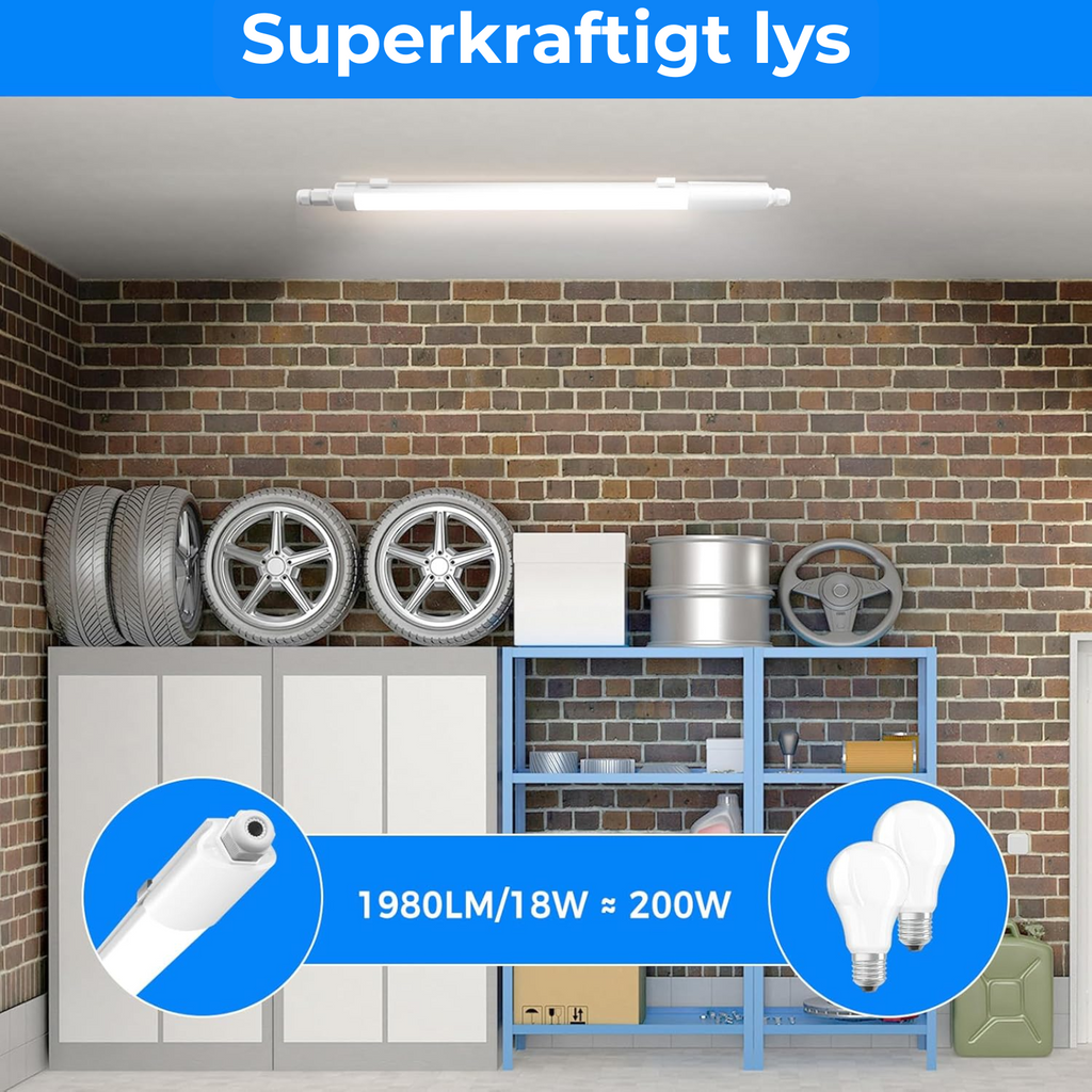 Vandtæt LED Lysrør 60 cm – 3 Farvetemperaturer – Garage, Bad & Værksted