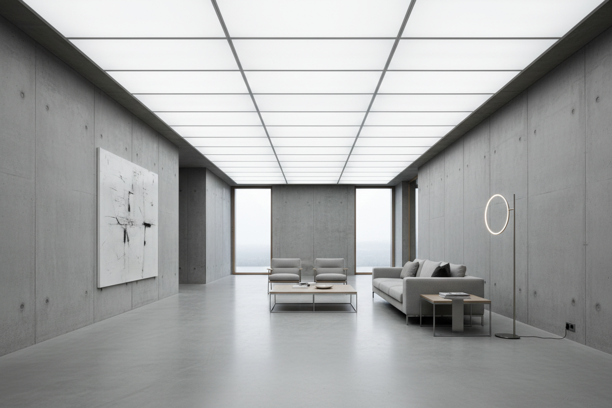 A modern Scandinavian interior with clean, minimalistic LED ceiling lighting. Bright white light illuminating the room evenly. Industrial yet premium atmosphere. Neutral colors, concrete walls, clean lines. No people, no text, no logos. Professional lighting brand aesthetic. Wide angle, cinematic, realistic photography.